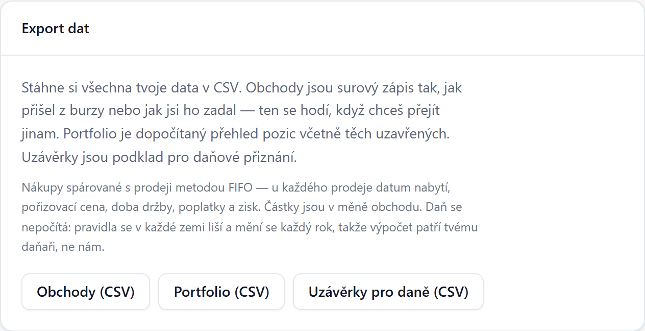 Export dat: obchody, portfolio a uzávěrky pro daně v CSV
