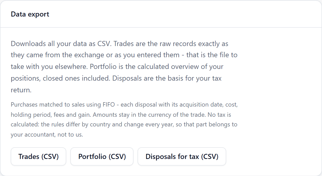 Data export: trades, portfolio and tax figures in CSV